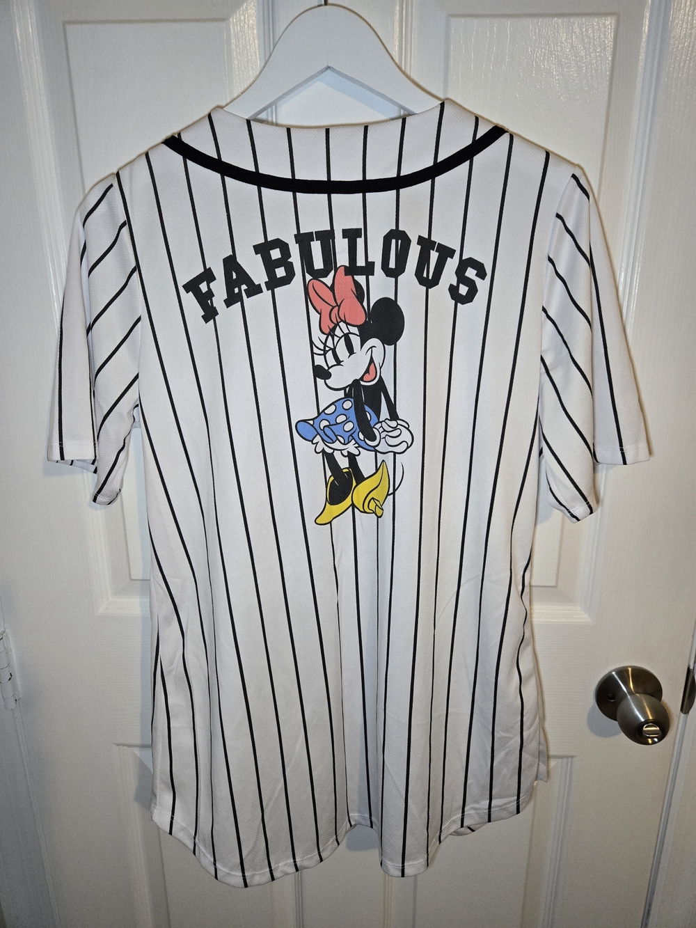 Disney Minnie Mouse Women’s Baseball Jersey Pinstripe Fabulous Button Front - Picture 5 of 5